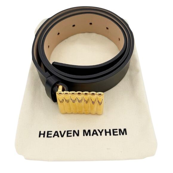 Heaven Mayhem Black Leather Belt Gold Bar Buckle Size Medium - Picture 2 of 8